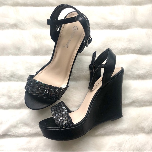 TOP Moda | Shoes | Top Moda Black Sparkly Wedge Sandals | Poshmark